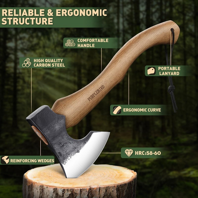 PURPLEBIRD Hatchet Axe with Sheath for Camping, 15 Inch Bushcraft