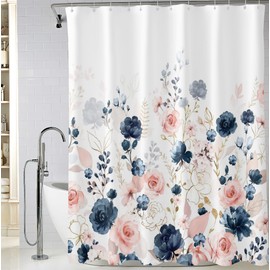 BIVINAR Navy Blue and Pink Floral Shower Curtain, Watercolor Flowers Bathroom Shower Curtain, Waterproof Fabric Shower Curtain with 12 Hooks, 72 x 72 Inch