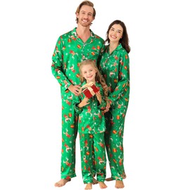 Weixinbuy Family Christmas Pajamas Matching Sets Long Sleeve Sleepwear Button Down Satin Pjs Set Festival Party Loungewear Green
