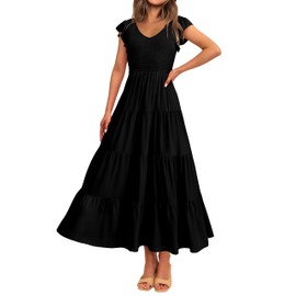 MASCOMODA Womens Summer Maxi Dress Casual V Neck Cap Sleeve Smocked Dresses Ruffle Tiered Beach Party Long Flowy Sundresses(Black,Small)