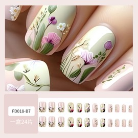 3D Flower Press on Nails Medium Square False Nails Cute Pink Flower Press on Acrylic Nails with Design Fake Nails Full Cover Glue on Nails Glossy Artificial Nails Spring Stick on Nails for Women 24Pcs