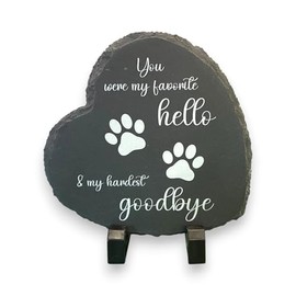 Pet Memorial Heart-Shaped Slate Plaque, 15 x 15 cm, Favourite Hello Hardest Goodbye Design with Stand