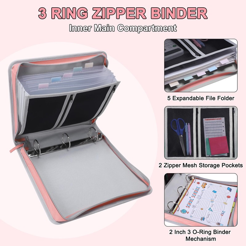 Ndsox Zipper Binder 3 Ring with Handle, 2 Inch O-Ring