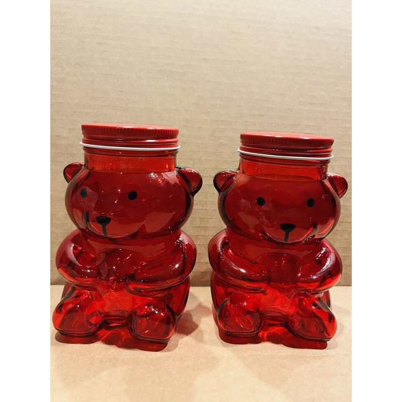 Greenbrier Valentines Day 2 Glass Bear Shaped Jars w/Lids Red