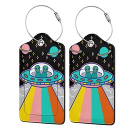 Alien Spaceship Stras 2 Pack Luggage Tags, Unique Leather Suitcase Tags Identifiers with Privacy Name Address Labels & Durable Steel Loop