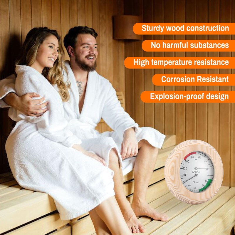 Sauna Thermometer Hygrometer: 2-in-1 Round Wooden Sauna Room Thermometer and