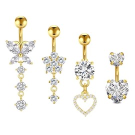 Briana Williams Gold Belly Button Ring Stainless Steel Belly Rings for Women Short Bar Belly Ring 6mm Belly Button Piercing Clear Round Heart Diamond Belly Button Rings