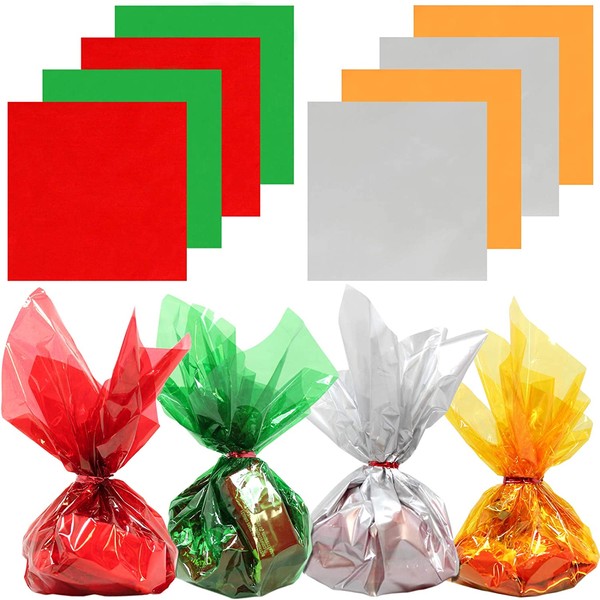 Cellophane Sheets 120 pcs Pack | (12 x 12 inch) 4 Mix Colors 2.3 Mil | Translucent Holiday, Christmas Cello Sheets - Green, Red, Silver, Gold | Glossy Xmas Colors Sheets for Treats, Crafts | Anapoliz