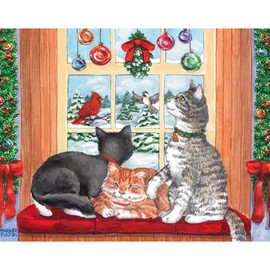 Bits and Pieces - 100 Piece Large Piece Family Jigsaw Puzzle for Adults & Kids - 15" x 19" - Window Cats - 100 pc Christmas Holidays Winter Snow Kittens Jigsaw by Parker Fulton
