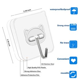 Elegana Adhesive Hooks for Hanging 24 Pack,Heavy Duty Wall Hooks 33 lbs 304 Stainless Steel Self Adhesive Sticky Hooks Waterproof Bathroom Hooks Transparent Sticky Hooks for Kitchen Glass Door