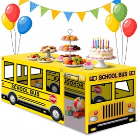 6ft School Bus Birthday Party Playhouse Tablecloth Large Bus Themed Table Fort Tent Cover Playhouse Back to School Table Cover Yellow Polyester Rectangular Tablecloth for First Day of Schools Decor