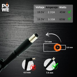 PO WE Cargador de portátil de 65 W CA para HP Pavilion DV7 DV6 DV5 DV4 DM4 G62 G60 G72 G6 G7 DV6-6C35DX Compaq Presario CQ56 CQ57 CQ60 Envy M7 M6-1125DX M6-16-125DX 205DX Cable de alimentación