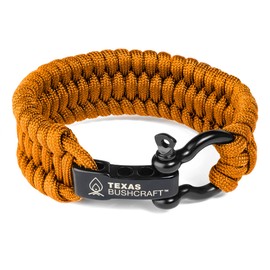 Texas Bushcraft - Pulsera de supervivencia de cuerda de fuego – Pulsera de cuerda de paracaídas con grillete de lazo para camping y emergencia, 3 hebras adicionales incluyen hilo de cera, yesca y