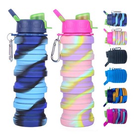 konlongzan Botellas de agua plegables, paquete de 2 botellas de agua de silicona con mosquetón, botella de agua expandible de 500 ml, botella de agua deportiva portátil para viajes, camping. (Camuflaje azul + camuflaje rosa)