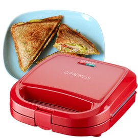 PREMIUS Ceramic NonStick Double Slice Sandwich Maker, Indicator Lights, Cool Touch Handle, Great for Grilled Cheese, French Toast, Tuna Melt, Egg & Cheese and Pancake Sandwich, Easy Clean (Red)