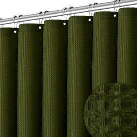 PANGSINNE Long Waffle Army Green Shower Curtain, Heavy Duty Fabric Shower Curtain with Waffle Weave Hotel Quality Bathroom Shower Curtains, 72 x 78 Inches