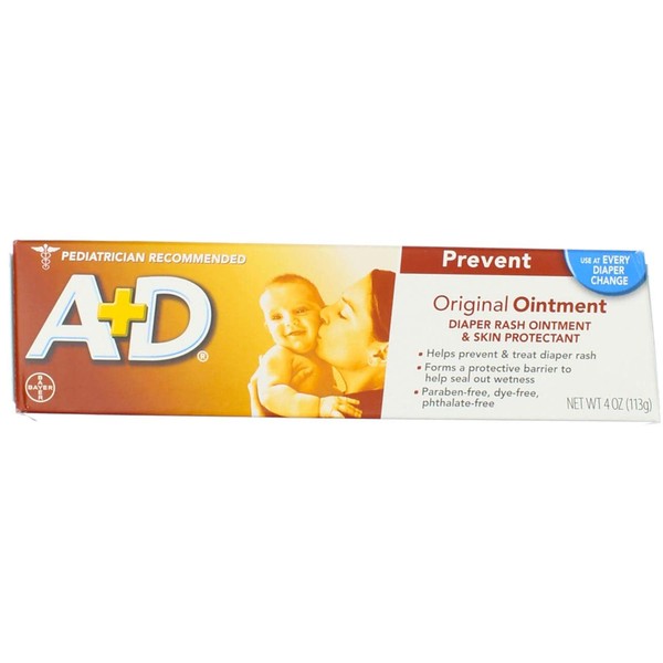 A+D Original Diaper Rash Ointment, Baby Skin Protectant With Lanolin and Petrolatum, Seals Out Wetness, Helps Prevent Diaper Rash, 4 Ounce Tube, Packaging May Vary (Pack of 3)