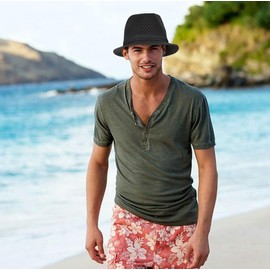 Initlove Mesh Fedora Hat for Men Short Brimmed Panama Hat Packable Trilby Hat Black