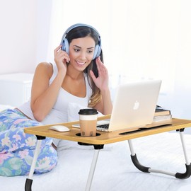 Foldable Laptop Bed Table Tray - Folding Lap Desk with Cup Holder - Portable Serving Breakfast Tray with Storage Drawer/Tablet Stand/for Working, Writing, and Eating on Bed, Sofa, or Floor - Natural
