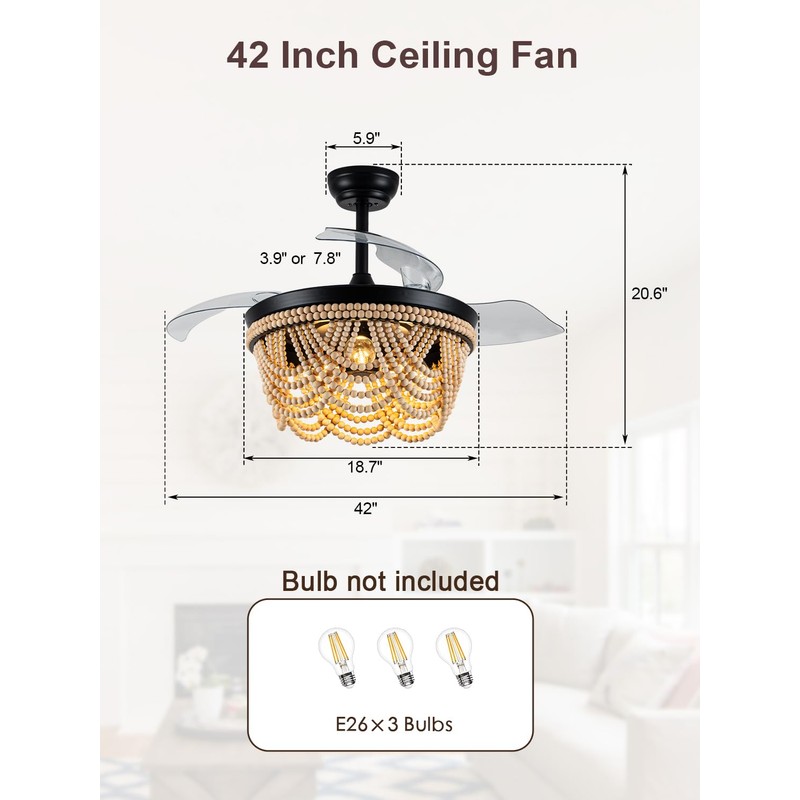 Boho Ceiling Fan with Light, Modern Ceiling Fan with 6