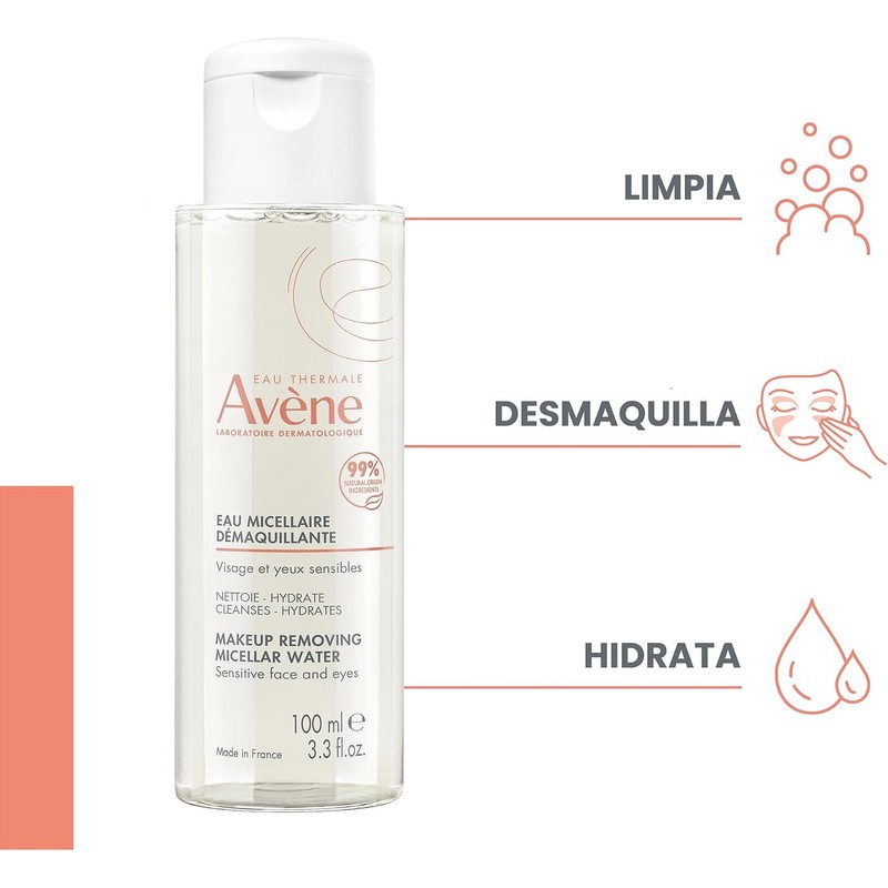 AVENE, Agua micelar desmaquillante facial, limpia, calma e hidrata, para