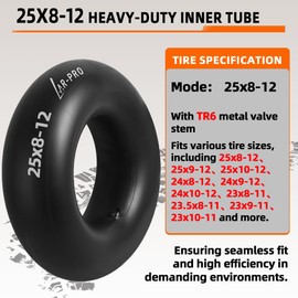 AR-PRO Heavy-Duty 25x8-12 Inner Tubes Universal 25x9-12, 25x10-12 for ATV/UTV, Lawn Tractor, Golf Cart, Snow Blowers, and More - With TR6 Metal Valve Stems - Made from Durable Butyl Rubber (2-Pack)