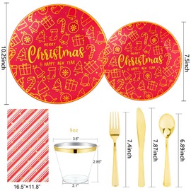 Morejoy 175pcs Christmas Plastic Plates & Red and Gold Disposable Plates Plates Includes 25 Dinner Plates 25 Dessert Plates 25 Knives 25 Forks 25 Spoons 25 Napkins for Merry Christmas Party