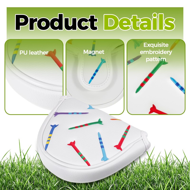 White Putter Head Covers, With Circle Embroidery Premium Magnetic Closure