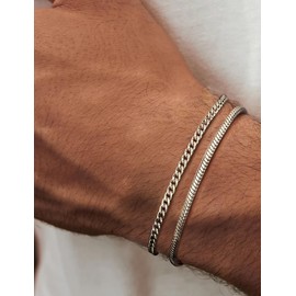 CASSIECA 2Pcs Mens Silver Bracelet Stackable Chain Bracelet for Men Boys Mens Bracelets Stainless Steel Cuban Snake Link Chain Bracelets Set 21CM Gifts for Men Dad Husband Son