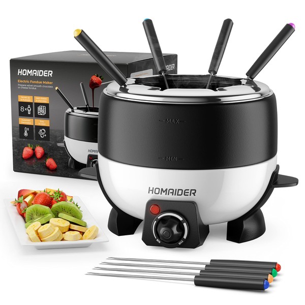 Homaider Electric Fondue Pot for Chocolate and Cheese - Fondue Set Includes 8 Dipping Forks, a High Power 800 Watt Fondue Melting Pot and Automatic Thermostat with Temperature Control