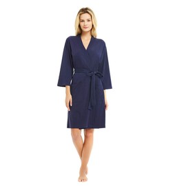 U2SKIIN Womens Robes, 100% Cotton Lightweight Robes 3/4 Sleeves Kimono Knit Soft Loungewear Short Bathrobe(Navy,L)