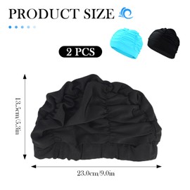 Swim Caps 2Pcs Pleated Elastic Swim Hats Comfort Swimming Caps for Adult Men Women Long Hair, Blue and Black