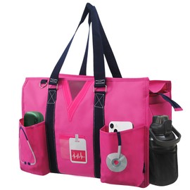 NGIL Zip-Top Tote Bag with Exterior Pockets for Working Women, Teachers, Nurses, and Moms, Design in USA (Hot Pink Nurse Life)