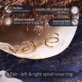 BodyBonita 2-8 Pieces Soft Nose Ring Made of 316L Stainless Steel with Double Hoop for Single Piercing 22G 20G 18G Flexible Twisted Spiral Piercing Ring for Women Men 8mm 10mm, Stainless Steel, No