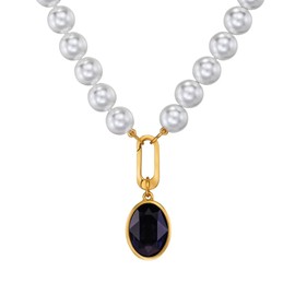 Traveller 114326 Women's Pearl Necklace with Pendant 10 mm White Crystal Dark Blue Oval 45 cm Gold-Plated, Pearl Crystal Metal, Pearl Crystal
