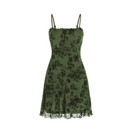 CIDER Women's Summer Mini Dress Floral Dresses Sleeveless Lace Mesh Square Neck Spaghetti Strap Short Party Dresses Green