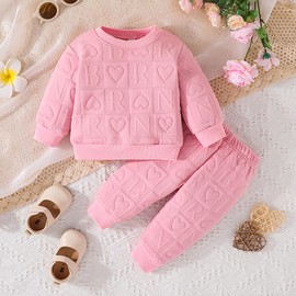 Kunyeah 2pcs Baby Girl Outfit Girls Love Heart Pullover Toddler Sweatshirt Pants Toddler Letter Print Long Sleeve Top Pant Set, pink