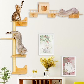 Cat Shelves for Wall, Cat Climbing Shelves Wall Mounted Cat Furniture Set, Cat Wall Shelf with 1 Cat Wall House, 1 Bridge Ladder, 3 Cat Scratching Post and 5 Steps