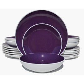 HomeVss Stoneware Coupe 18pc Dinner Set, Outside White + Inside Purple