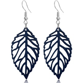 Handmade Colorful Hollow Natural Wood Leaf Dangle Drop Earrings Unique Cute Bohemian Wooden Leaf Feather Hook Earrings for Women Party Prom (Royal Blue)