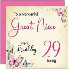 29th Great Niece Birthday Card - Beautiful Butterfly Floral Great Nieces Birthday Card for 29 Year old twenty nine, twenty ninth
