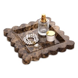 Square Marble Decorative Tray with Scalloped Edge,Luxury Natural Stone Bathroom Vanity Tray, Dresser Top Perfume Coffee Home Kitchen Sink Tray, Key Trinket Ring Tray (Dark Brown, 8 * 8)