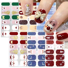 6 Sheets Bling Glitter Gel Nail Stickers Gold Blue Red Glitter Nail Wraps Stickers Self-Adhesive Cute Elk Snowflake Santa Claus Dwarf Gel Nail Strips Winter Xmas Nail Polish Stickers for Women Girls