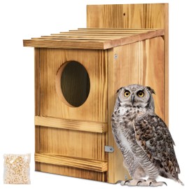 Screech Owl House, Owl Bird Box Large Handmade Wooden Circular Opening Screech Box for Outside with Mounting Screws and A Bag of Wood Shavings, Easy Assembly Required (Brown, 9" x 14.5")