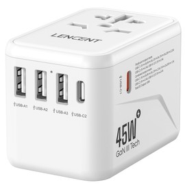 LENCENT Universal Travel Adapter, GaN III 45W International Charger with 3 USB & 2 USB-C PD Quick Charge Ports, Worldwide Charging Adapter for Type A/C/G/I, USA/UK/EU/AUS Sockets, White