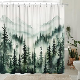 Rustic Forest Mountain Shower Curtain, Cool Misty Foggy Green Forest Woodland Pine Tree Nature Shower Curtain for Mens Bathroom, Outdoor Cabin Landscape Shower Curtain Set with Hooks,70X70 Fabric