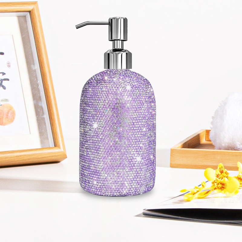 SlowVibes 18Oz Bling Purple Glass Soap Dispenser With Rust Proof