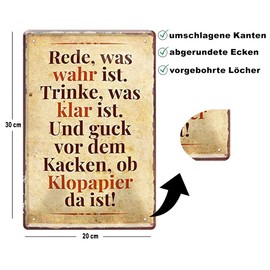 schilderkreis24 Tin Sign 20 x 30 cm - Humorous & Practical Wall Decoration for Bathrooms, Toilets & Guest Toilets (Rede, was wahr ist. Trinke, was klar ist)