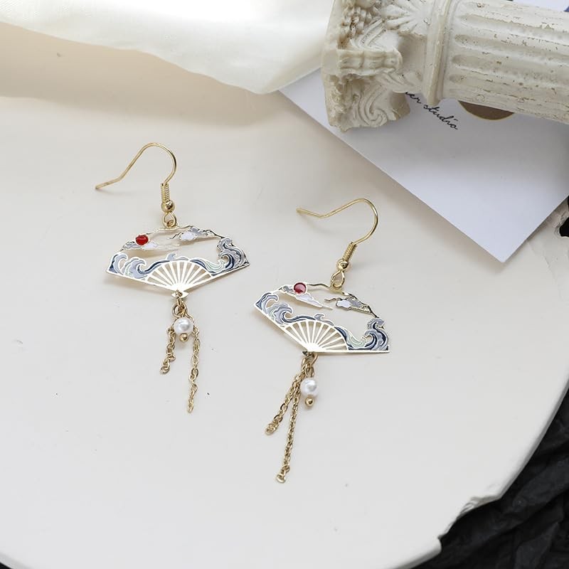 Just Follow Chinese Style Hollow Geometric Fan Tassel Earrings Oriental