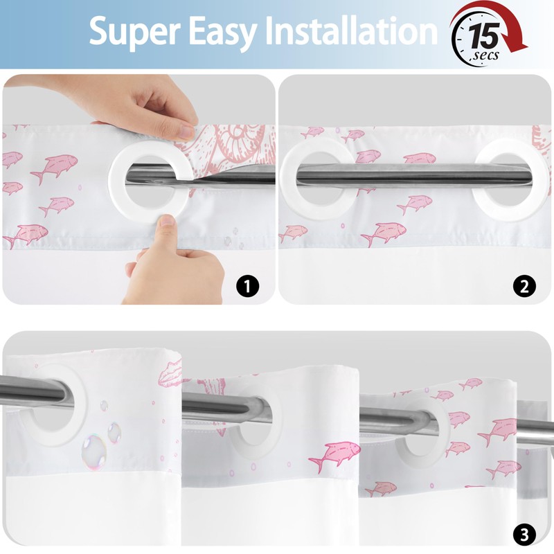 No Hook Shower Curtain and Liner Set, Blue Pink Beach